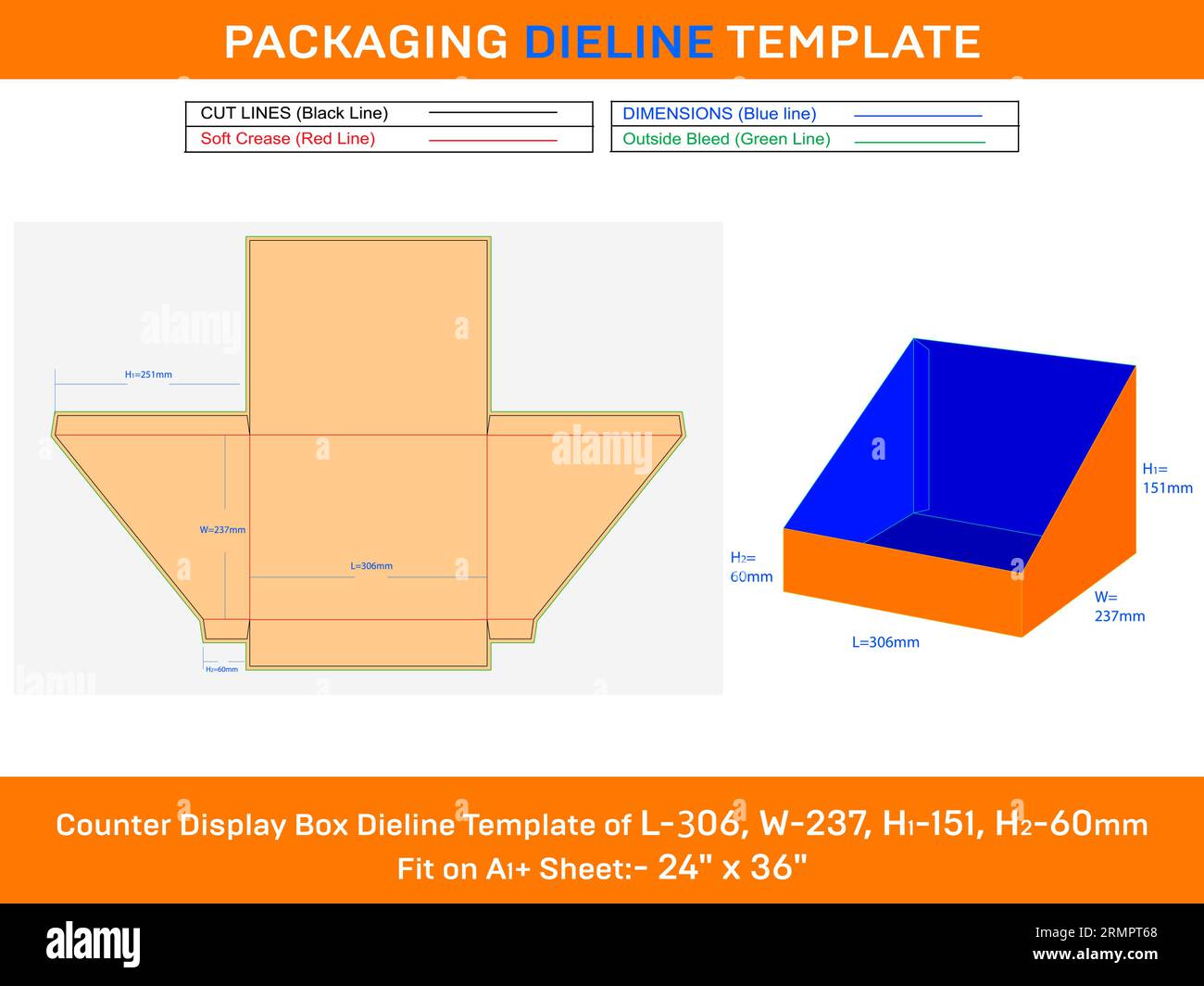 Cardboard counter display box die line template for cards L 306xW