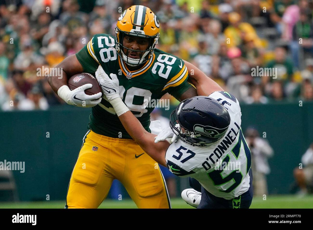 Green Bay Packers running back AJ Dillon (28) runs against Seattle ...