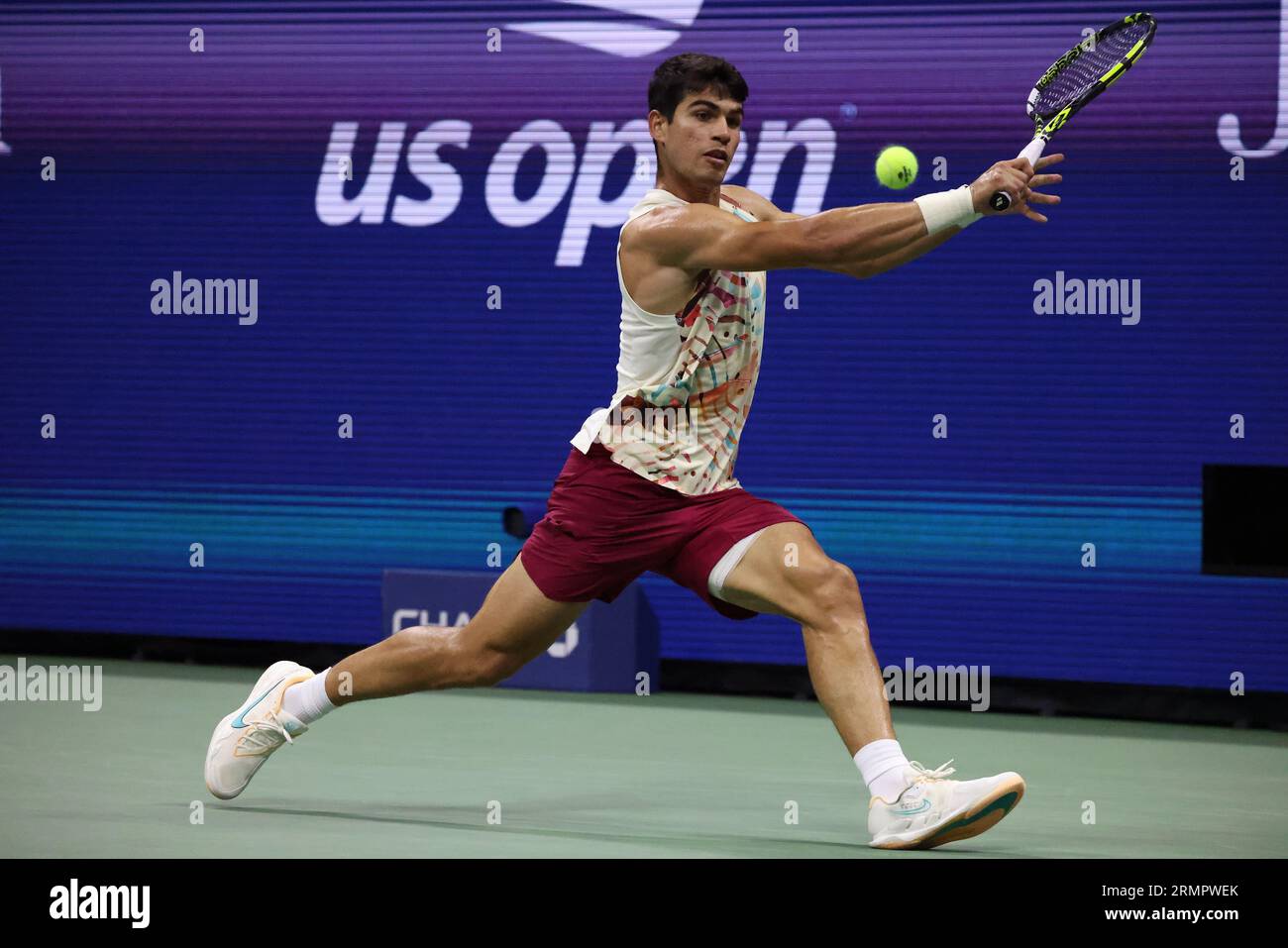 New York City, New York. 29th Aug, 2023. NEW YORK CITY, NEW YORK - AUGUST 29: Carlos Alcaraz of Spain during his first round match against Dominik Koepfer of Germany on Day s of the US Open at the USTA Billie Jean King National Tennis Center on August 29, 2023 in New York City, New York. ( Credit: Adam Stoltman/Alamy Live News Stock Photo