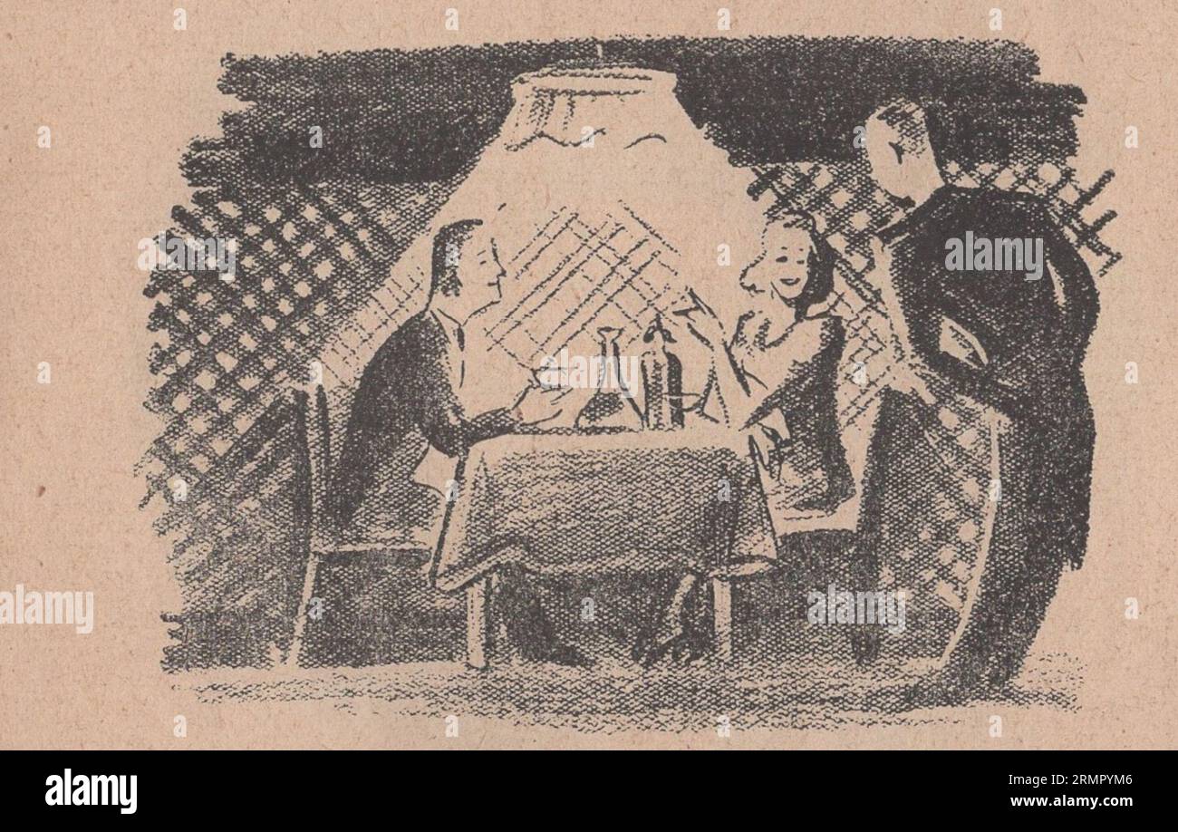 Original 1920s Art Deco illustrations about life activities : restaurant scene / food ordering / restaurant dating Stock Photo