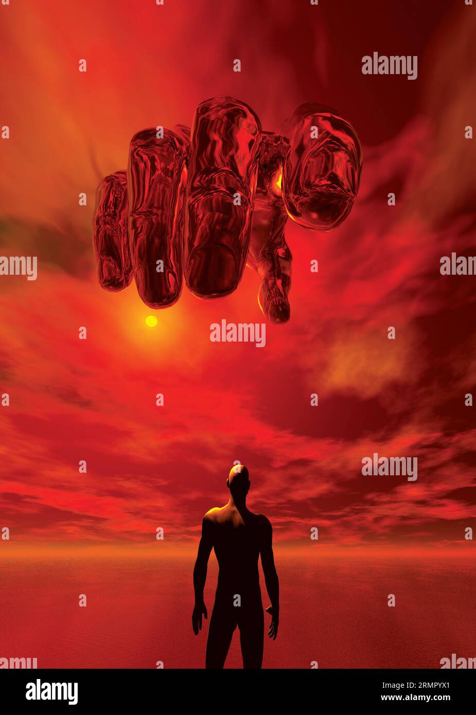 metal giant hand hovering over a humanoid figure Stock Photo Alamy