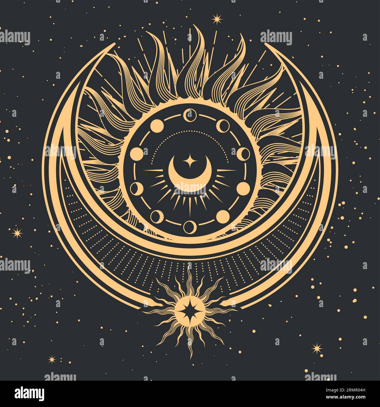 Mystical sun and moon, tarot cards magic, sorcery and divination occult symbol, vector Stock Vector