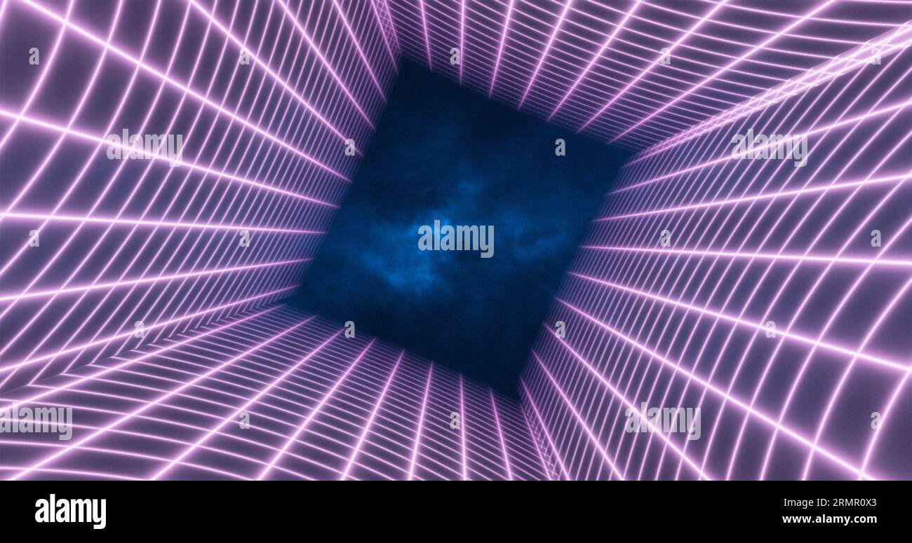 Abstract purple energy grid swirling tunnel of lines in the top and bottom of the screen magical bright glowing futuristic hi-tech background. Stock Photo