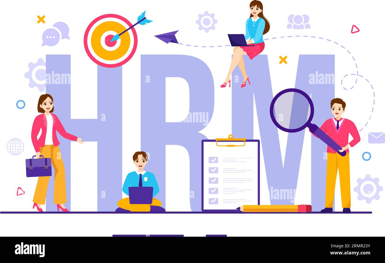 HRM Human Resource Management Vector Illustration with System Managing Company Employee for Marketing Materials and Business Background Design Stock Vector