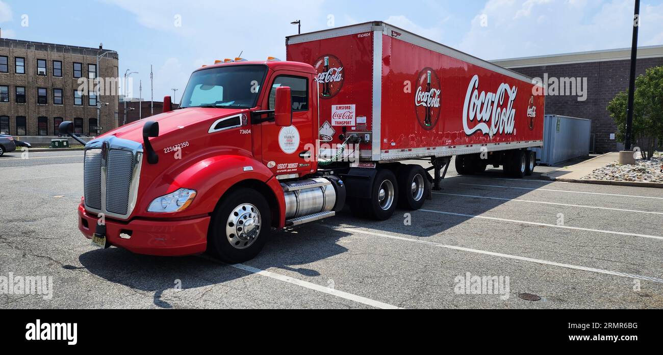New York City, USA - July 08, 2023: Kenworth T680 Coca-Cola truck