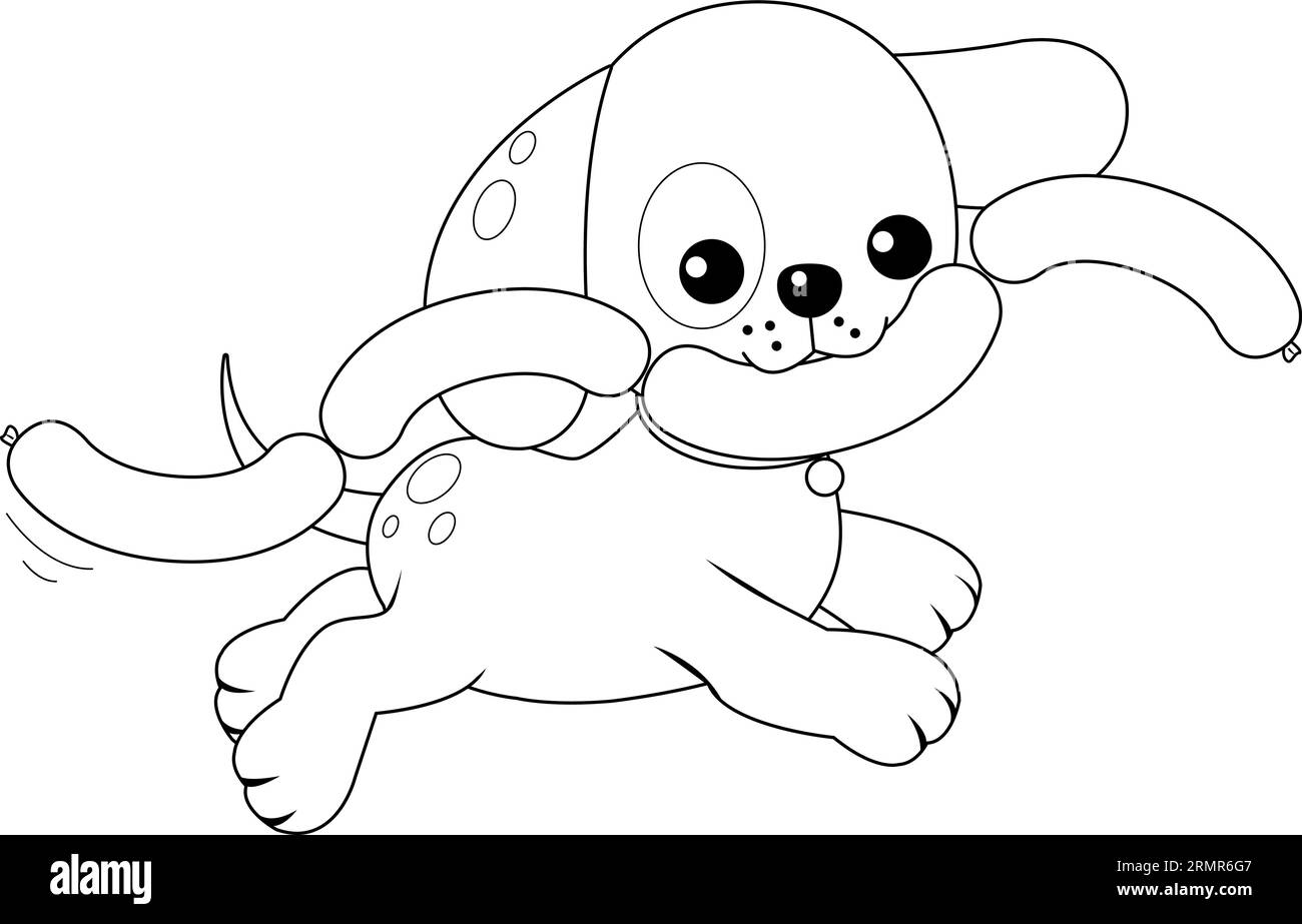 Dog running with sausages. Vector black and white coloring page. Stock Vector