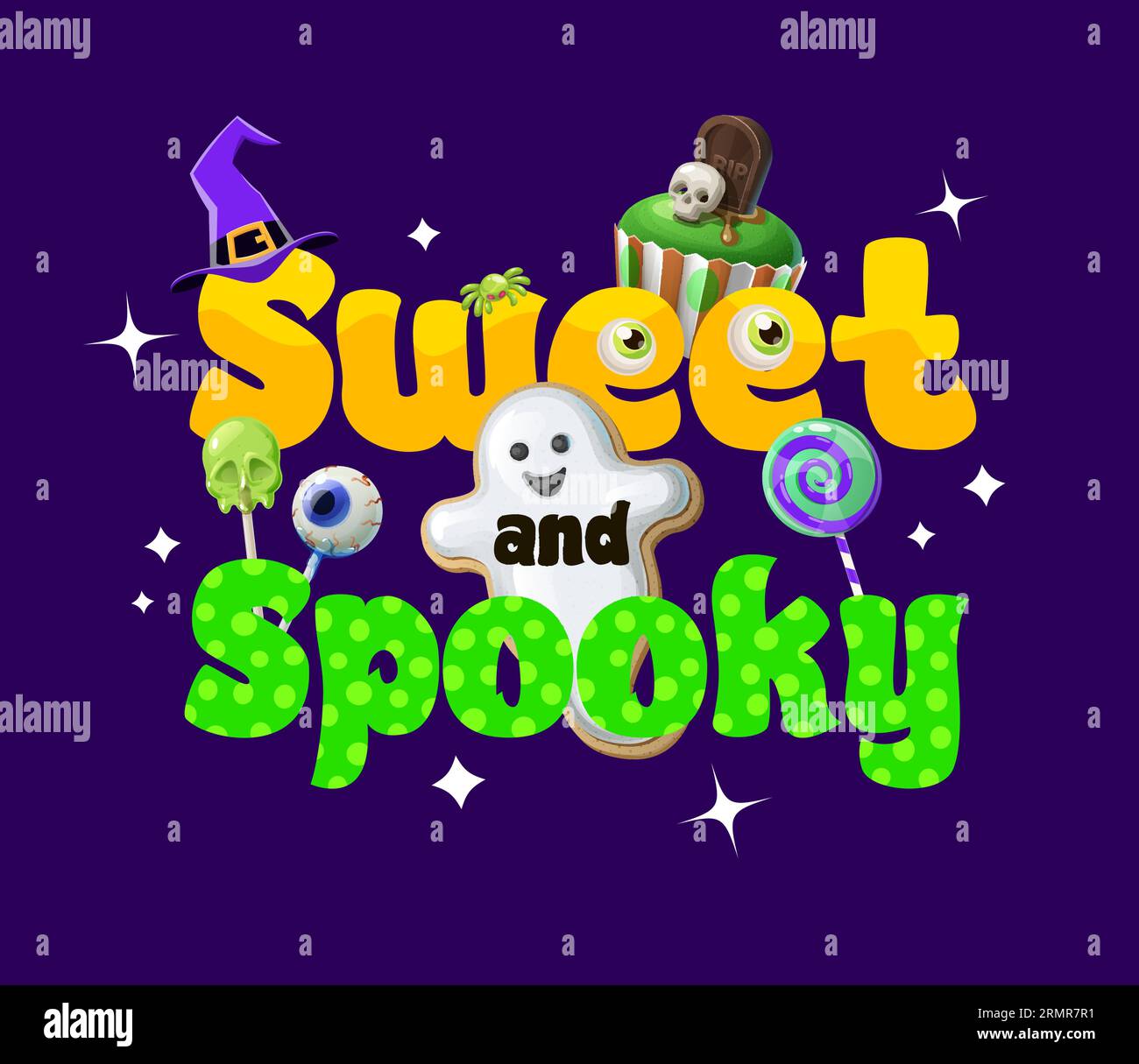 Sweet and spooky Halloween quote, sweets, kawaii ghosts and pennant  garland, vector holiday typography. Cartoon cute ghosts characters playing  with pumpkin, witch hat, trick or treat candies, bats Stock Vector Image 