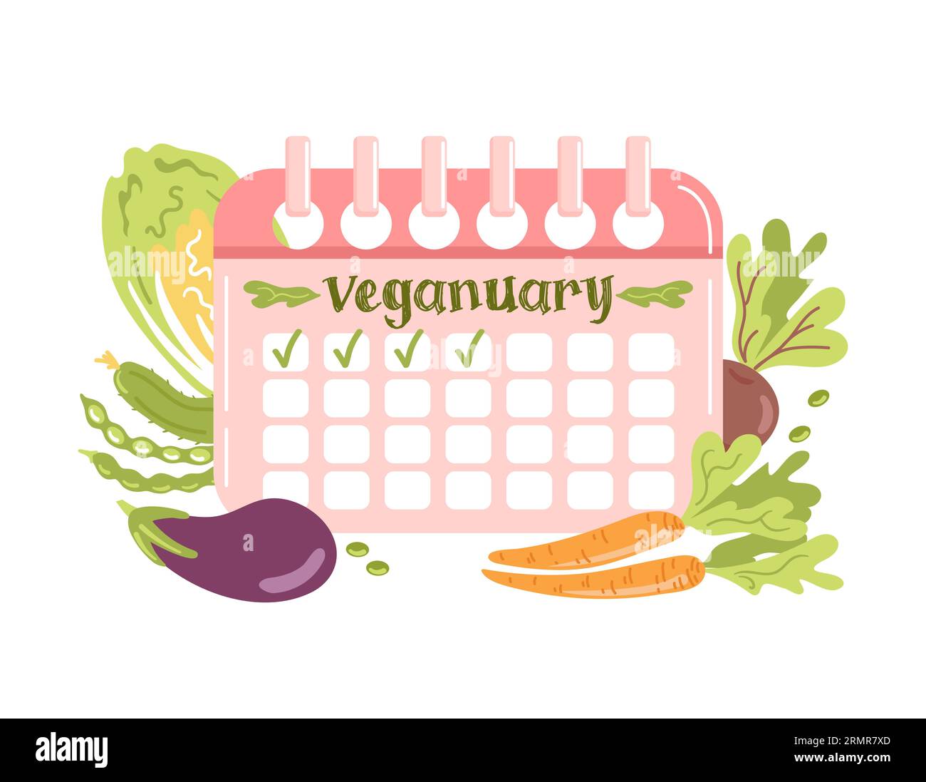 Veganuary. Pink calendar in cartoon style. Planning schedule with