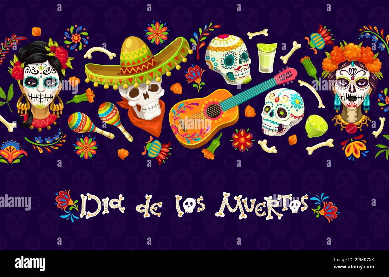 Dia De Los Muertos mexican holiday banner. Day of the Dead sugar skulls ...