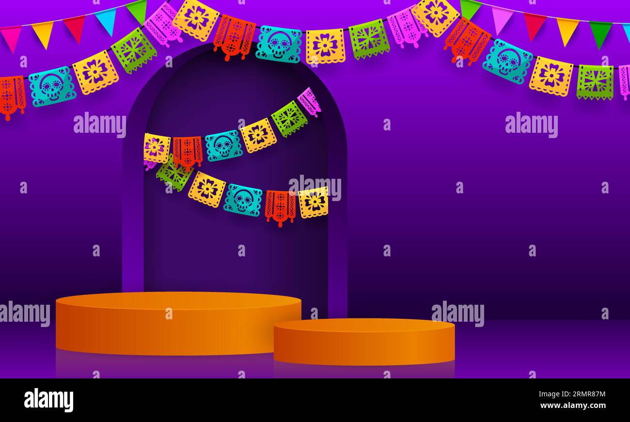 Mexican podium with papel picado flags. Vector 3d stages or display platforms for Day of the Dead or Dia De Los Muertos offerings. Mexico Halloween ho Stock Vector