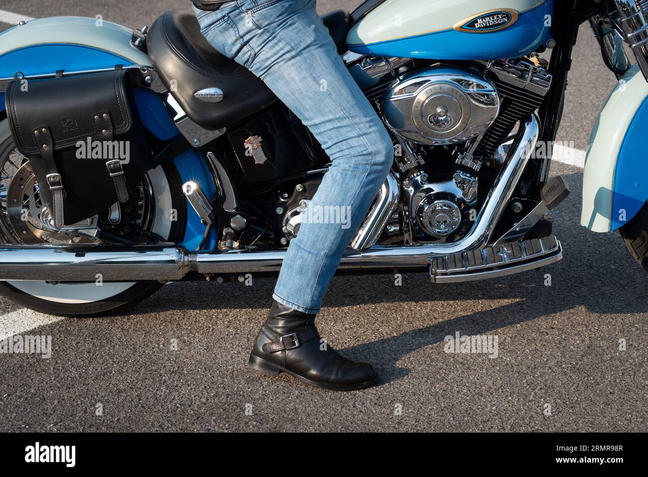 Harley Davidson Springer Softail Driver With His Motor Bike Stock Photo