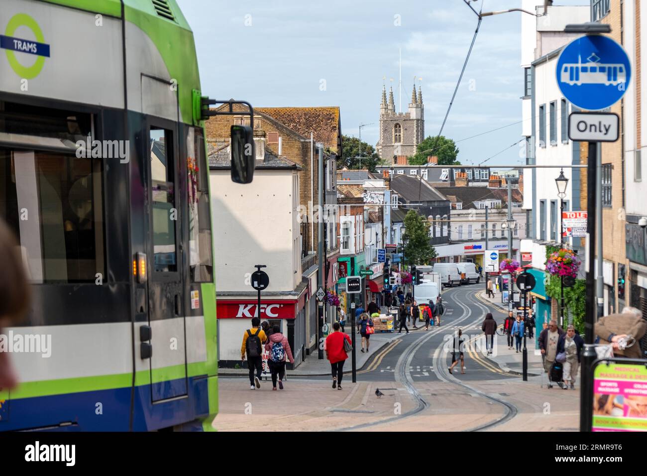 CROYDON, LONDON- AUGUST 29, 2023: Tramlink tram on Church Street in Croydon town centre Stock Photo