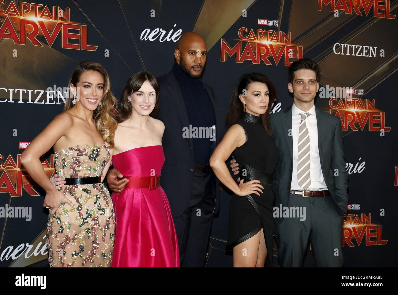 Chloe Bennet, Elizabeth Henstridge, Henry Simmons, Ming-Na Wen and Jeff  Ward at the World premiere of 'Captain Marvel' held at the El Capitan  Theater in Hollywood, USA on March 4, 2019 Stock