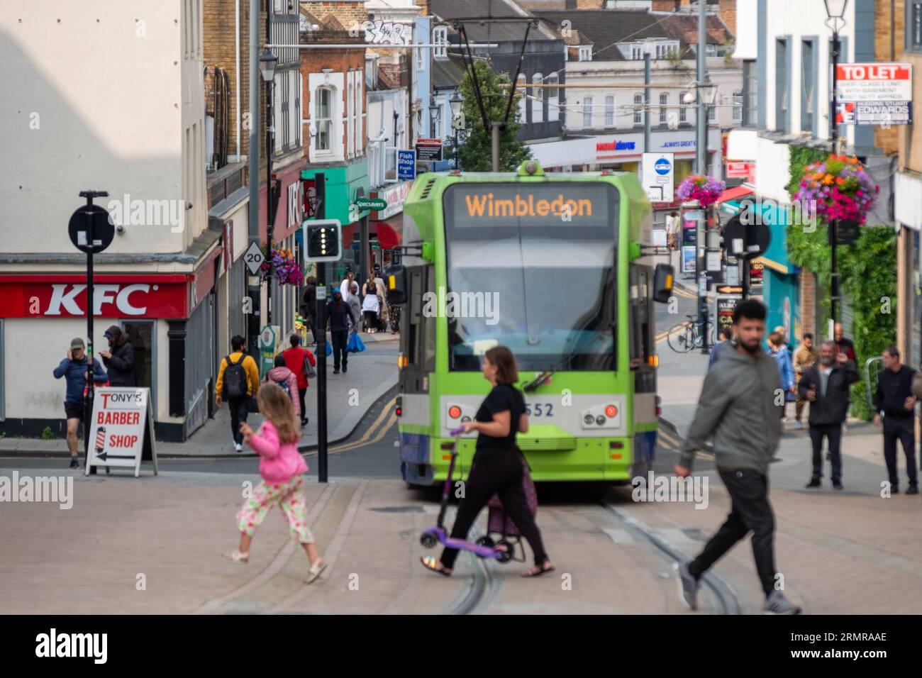 CROYDON, LONDON- AUGUST 29, 2023: Tramlink tram on Church Street in Croydon town centre Stock Photo