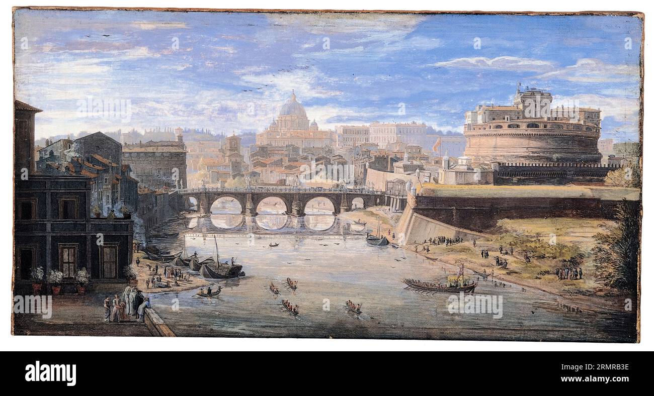 Gaspar van Wittel, View of the Castel Sant'Angelo (Rome), landscape painting in tempera on parchment, 1690-1710 Stock Photo