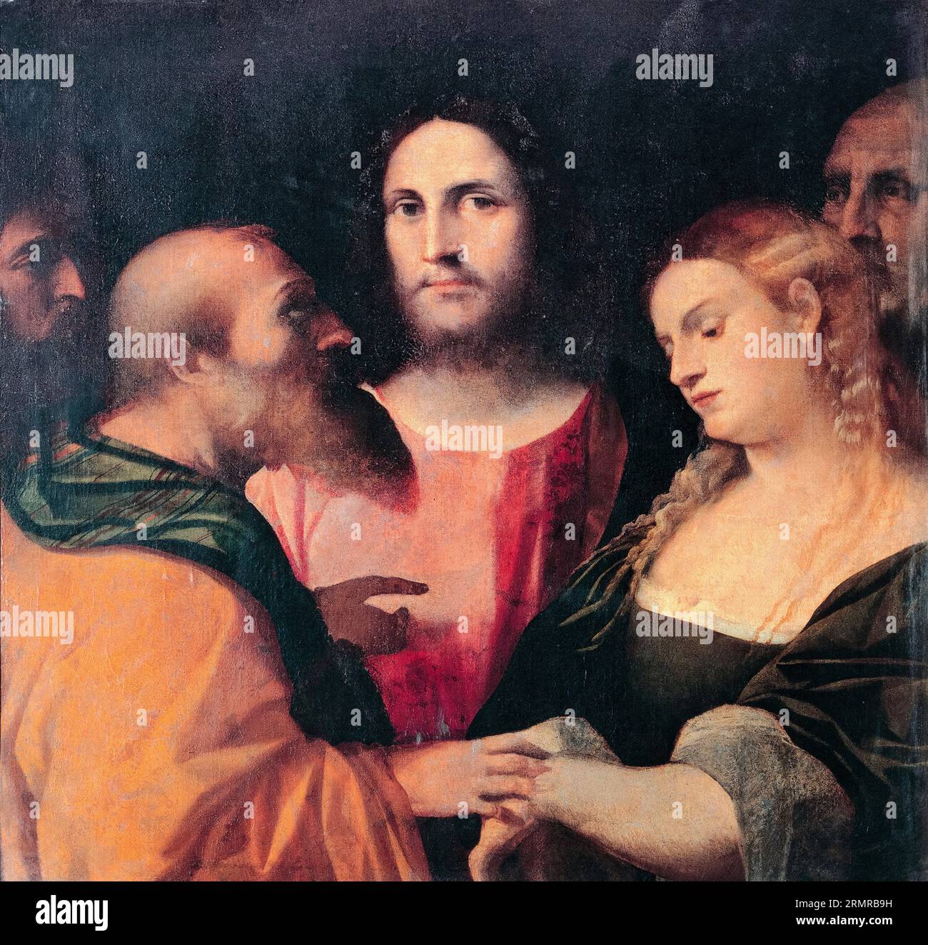 Palma Vecchio, Christ and the Adulteress, painting in oil on canvas, 1525-1528 Stock Photo