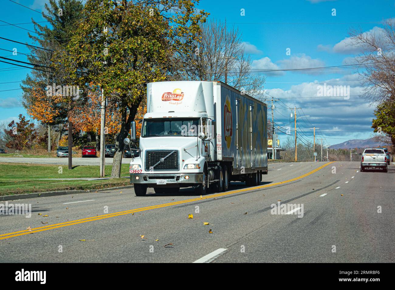 Vermont, USA - Frito Lay haulage truck travelling under a blue fall sky in Vermont, USA Stock Photo