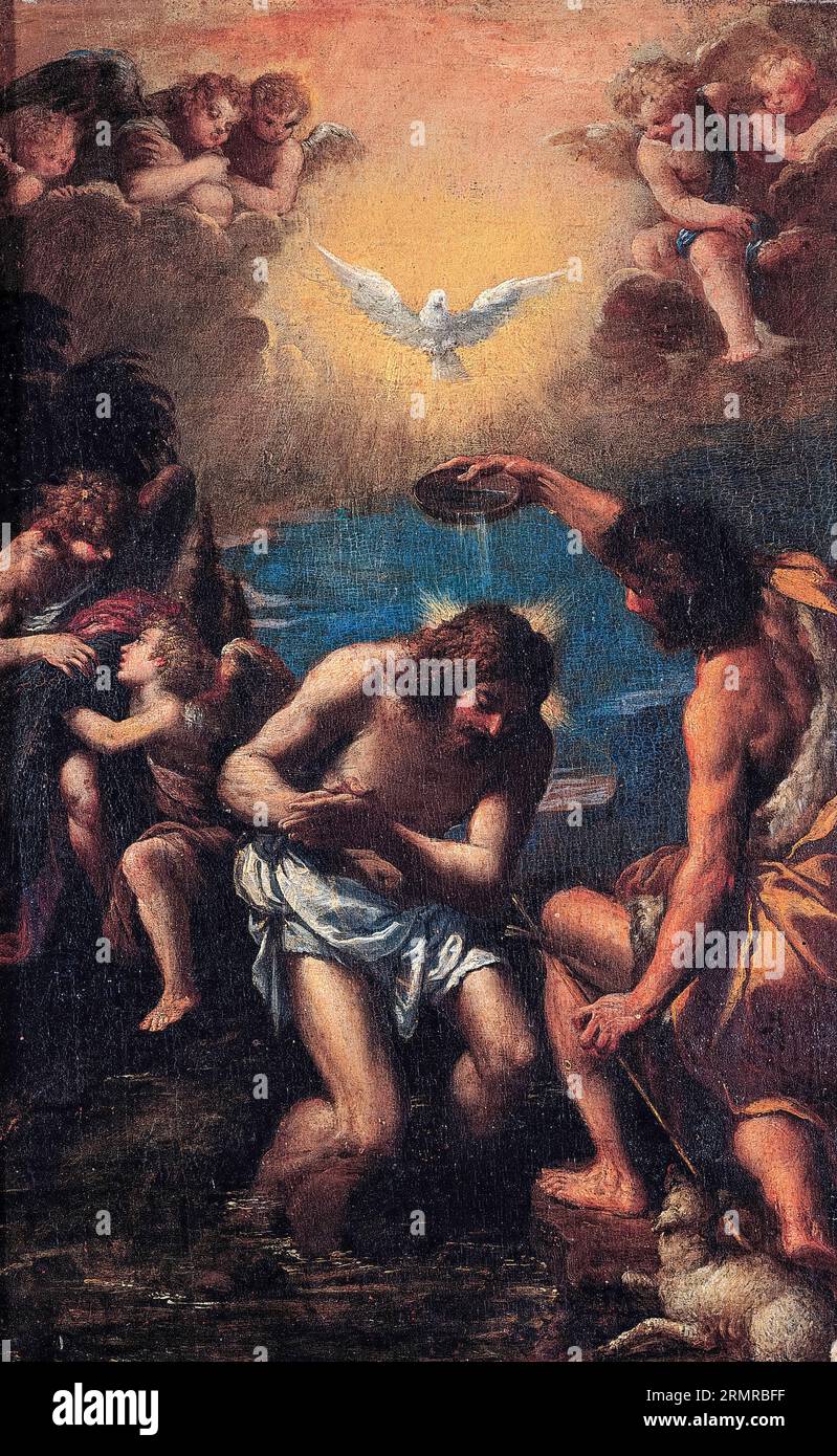 Ippolito Scarsella called Scarsellino, Baptism of Christ, painting in oil on wood, 1585-1590 Stock Photo