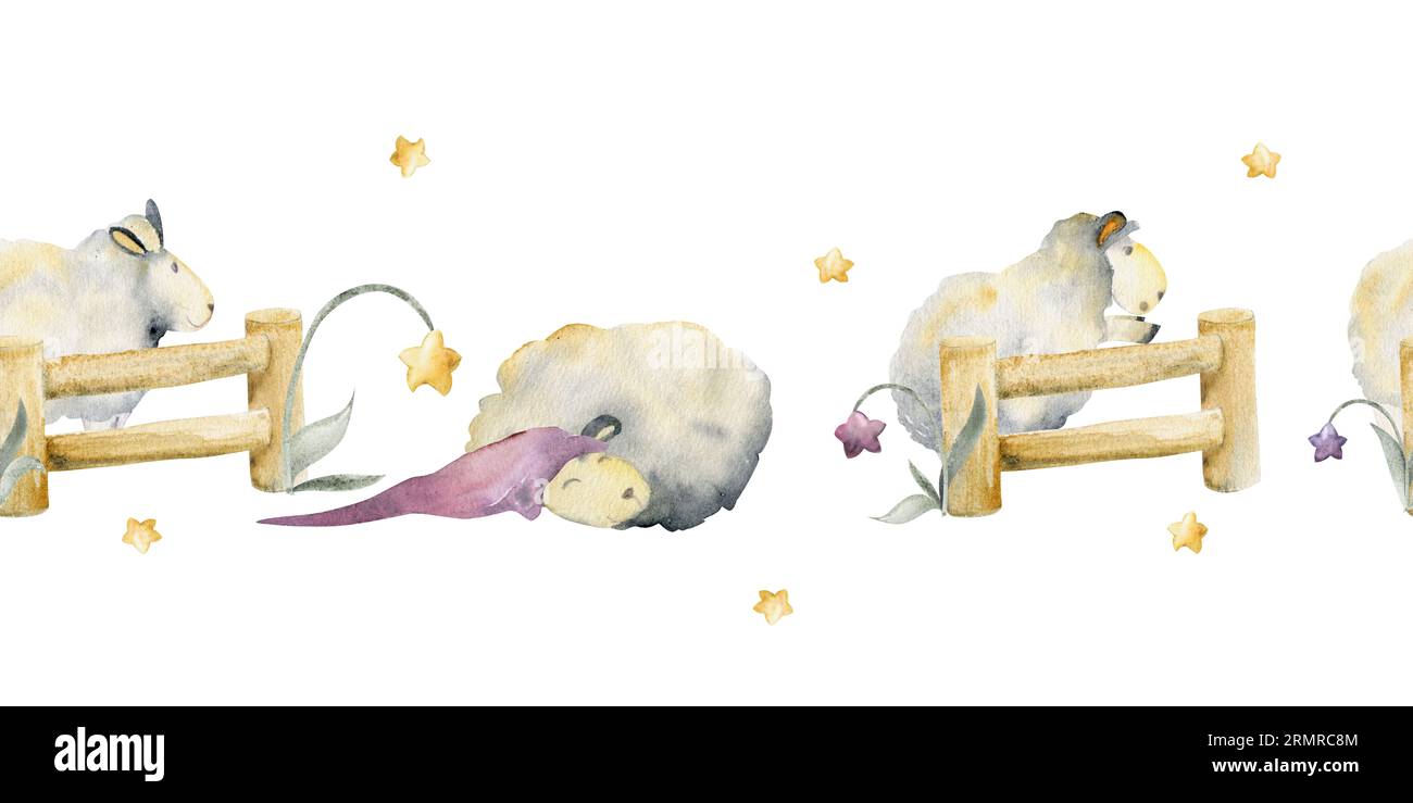 Watercolor hand drawn illustration, cute plush baby sheep jumping over ...