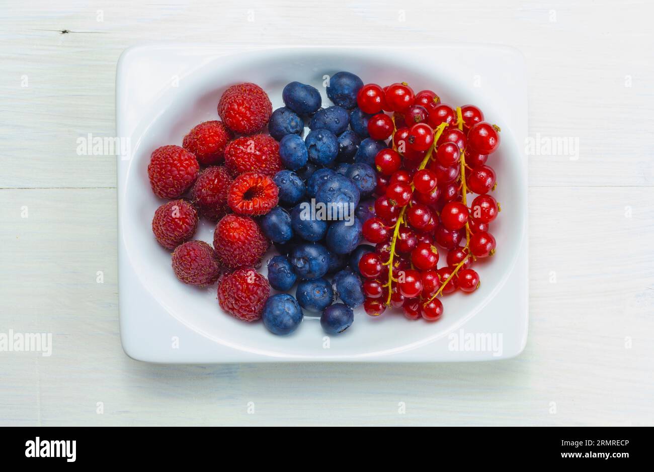 display of vibrant mixed berries, including raspberries, blueberries, and currants, adorns the rectangular container. Stock Photo