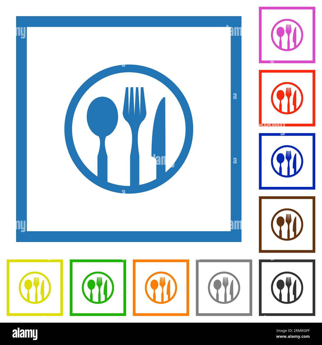Tableware set outline flat color icons in square frames on white background Stock Vector