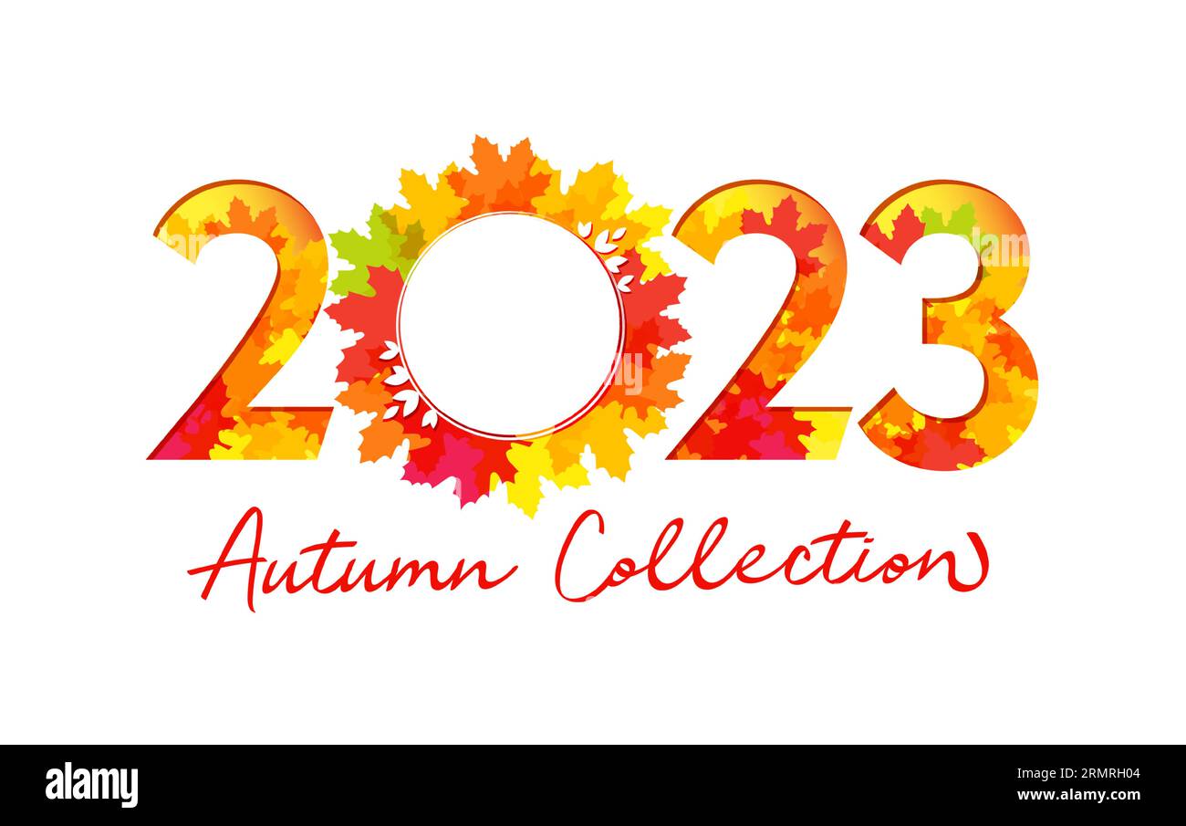 2023 Autumn collection shopping banner. Creative invitation card with fall yellow, red and orange colorful leaves. Number 2 0 2 3 with clipping mask. Stock Vector