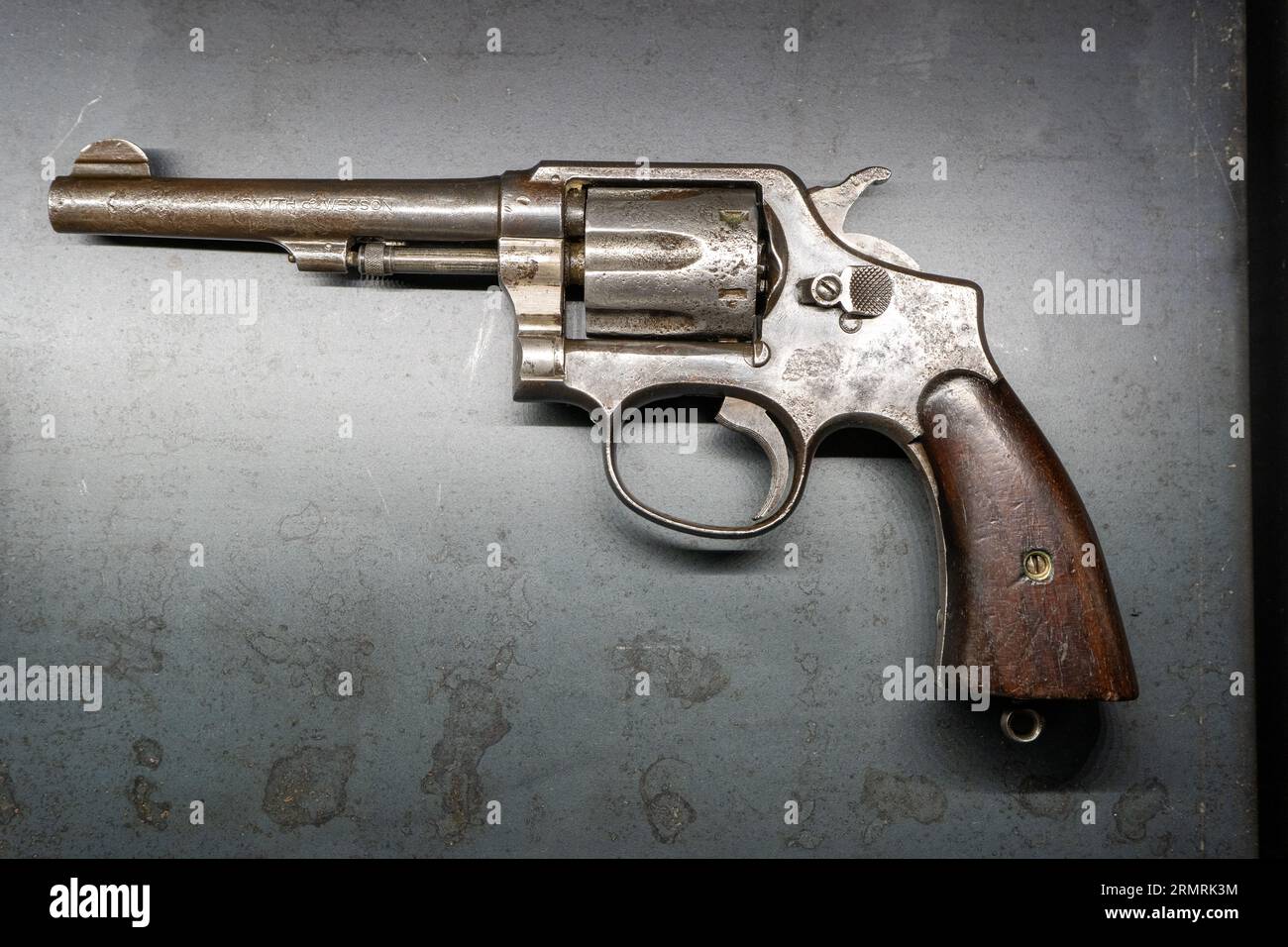 Old revolver Smith and Wesson Firearms Co. Firearm pisto. Vintage classical gun closeup. Poland, Warsaw - August 31, 2023. Stock Photo