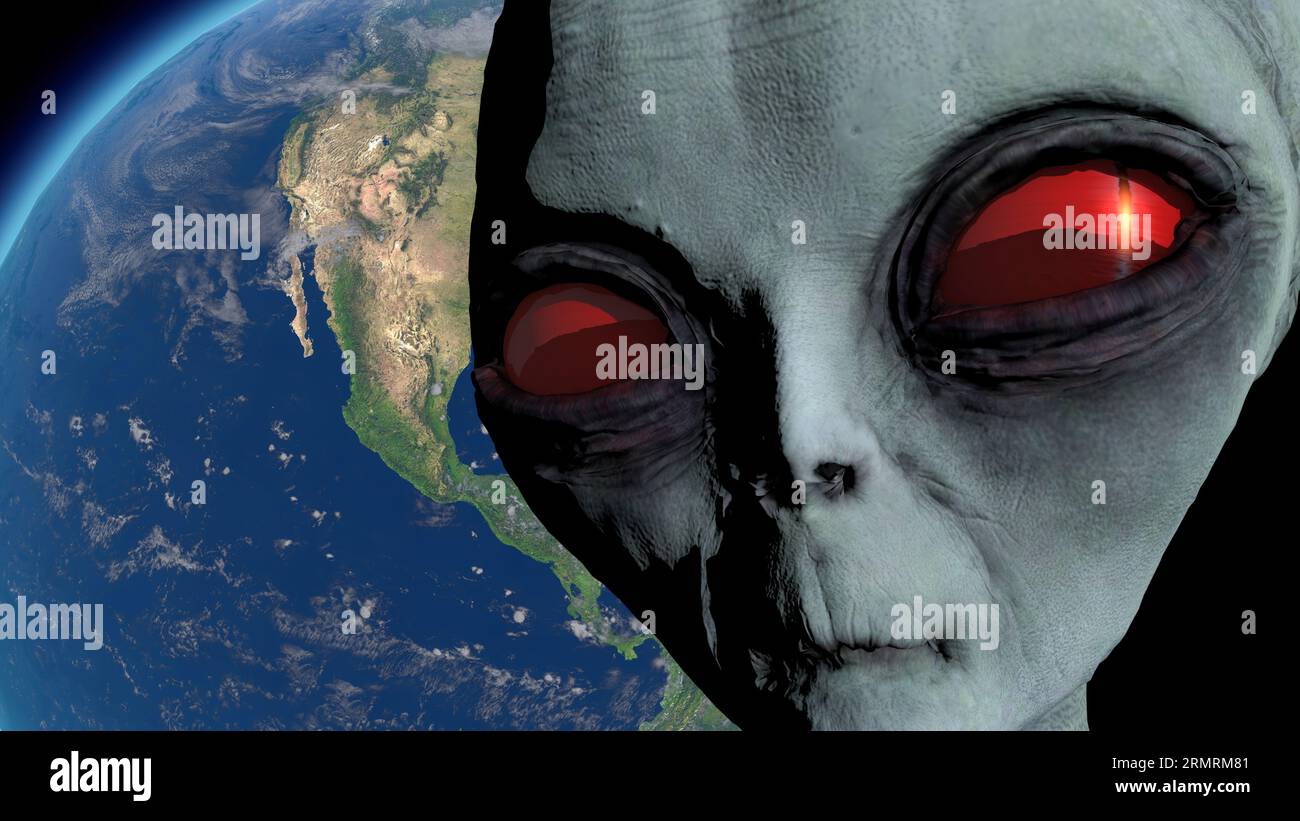 Scary gray alien stands on the moon and looks blinking. Planet Earth Is ...