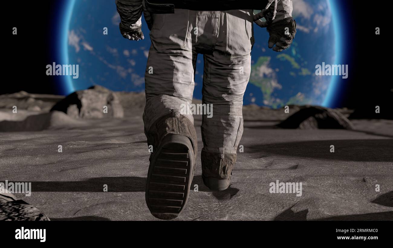 Lunar Astronaut In Space Suit Walking On the Moon. Planet Earth Is ...
