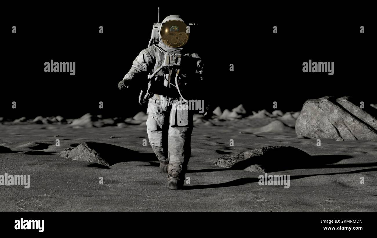 Lunar Astronaut In Space Suit Walking On the Moon. Planet Earth Is ...