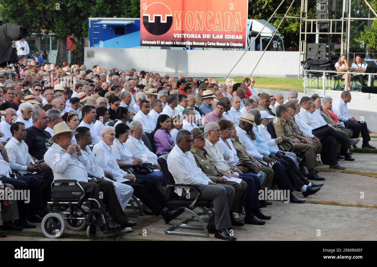 People attend the commemoration ceremony of the National Rebellion Day, in the Mausoleum of the Martyrs, in Artemisa town, Havana Province, Cuba, on July 26, 2014. On July 26, 1953 was the beginning of the Cuban Revolution led by Fidel Castro. (Xinhua/Prensa Latina) CUBA-ARTEMISA-NATIONAL REBELLION DAY-COMMEMORATION PUBLICATIONxNOTxINxCHN   Celebrities attend The Commemoration Ceremony of The National Rebellion Day in The Mausoleum of The Martyrs in Artemisa Town Havana Province Cuba ON July 26 2014 ON July 26 1953 what The BEGINNING of The Cuban Revolution Led by Fidel Castro XINHUA Prensa La Stock Photo