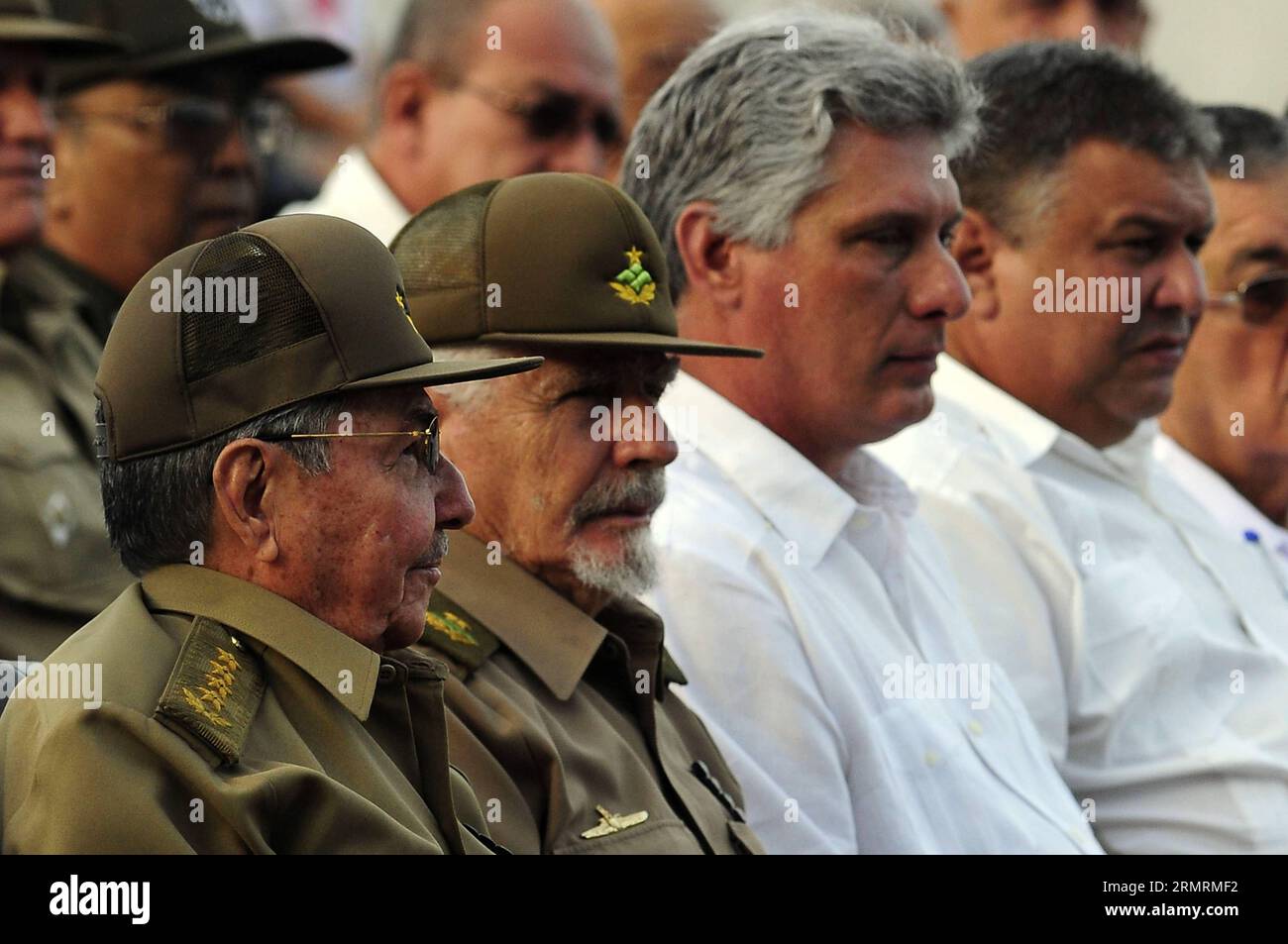 The President of Cuba, Raul Castro(1st L) attends the commemoration ceremony of the National Rebellion Day, in the Mausoleum of the Martyrs, in Artemisa town, Havana Province, Cuba, on July 26, 2014. On July 26, 1953 was the beginning of the Cuban Revolution led by Fidel Castro. (Xinhua/Str) CUBA-ARTEMISA-NATIONAL REBELLION DAY-COMMEMORATION PUBLICATIONxNOTxINxCHN   The President of Cuba Raul Castro 1st l Attends The Commemoration Ceremony of The National Rebellion Day in The Mausoleum of The Martyrs in Artemisa Town Havana Province Cuba ON July 26 2014 ON July 26 1953 what The BEGINNING of Th Stock Photo