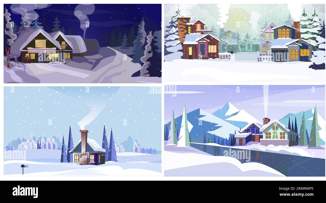 Country houses in winter flat vector illustration set Stock Vector ...