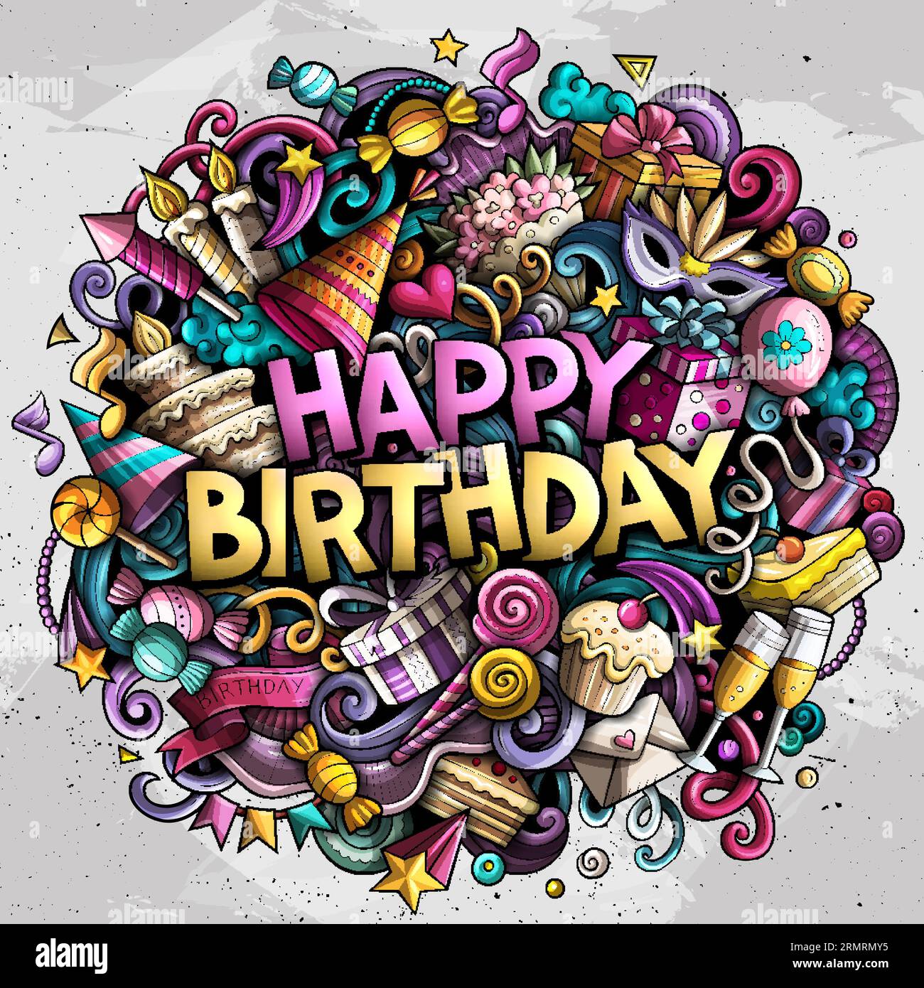 Cartoon vector Happy Birthday doodle illustration features a variety of