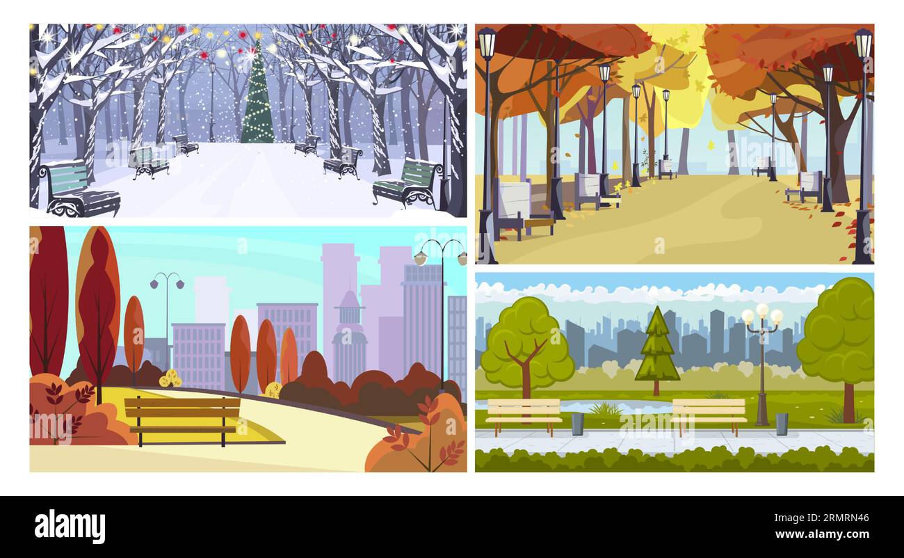Town parks in all seasons flat vector illustration set Stock Vector ...