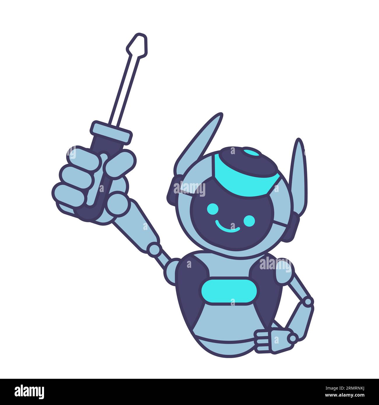 Robot mascot holding screwdriver vector illustration. Robot character pose Stock Vector