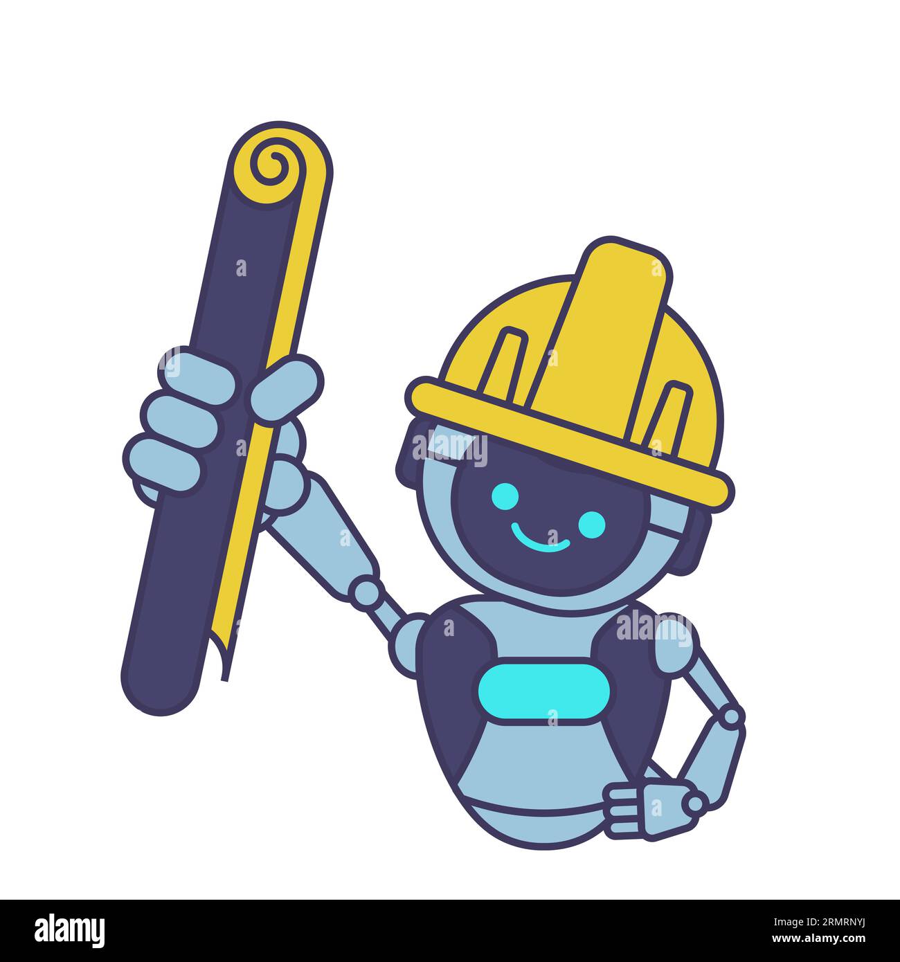 robot holding blueprint paper. Robot mascot character vector illustration Stock Vector