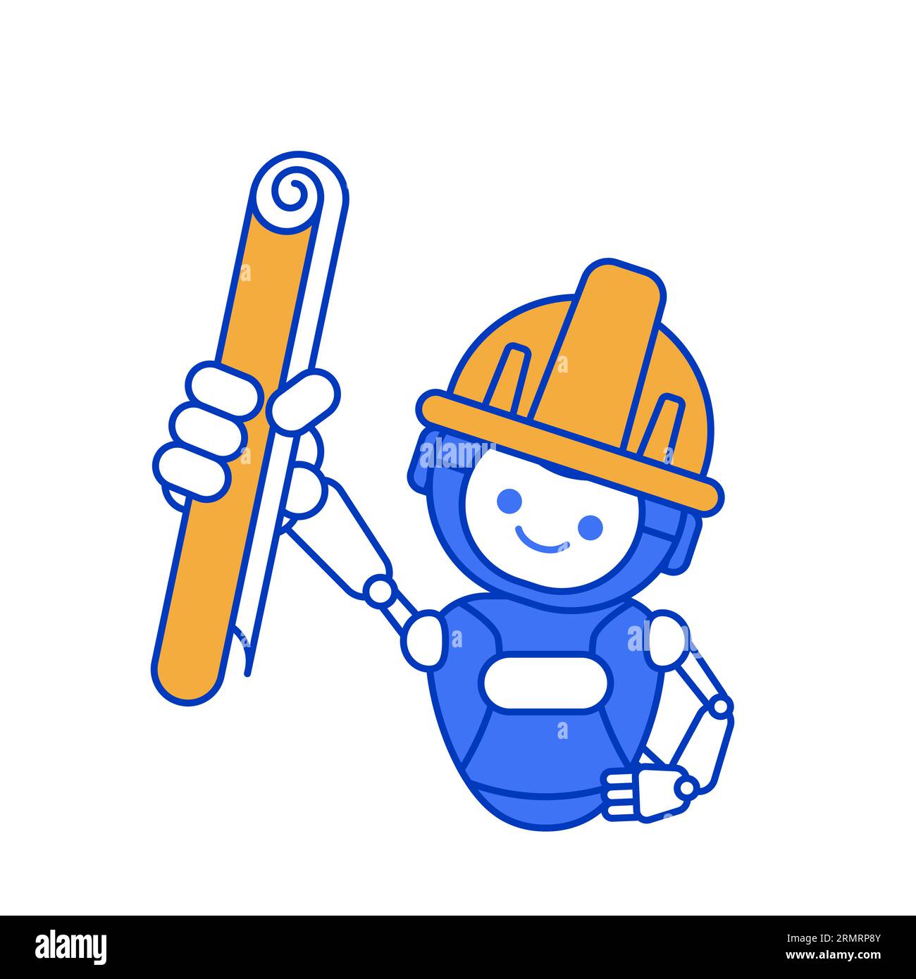 robot holding blueprint paper. Robot mascot character vector illustration Stock Vector