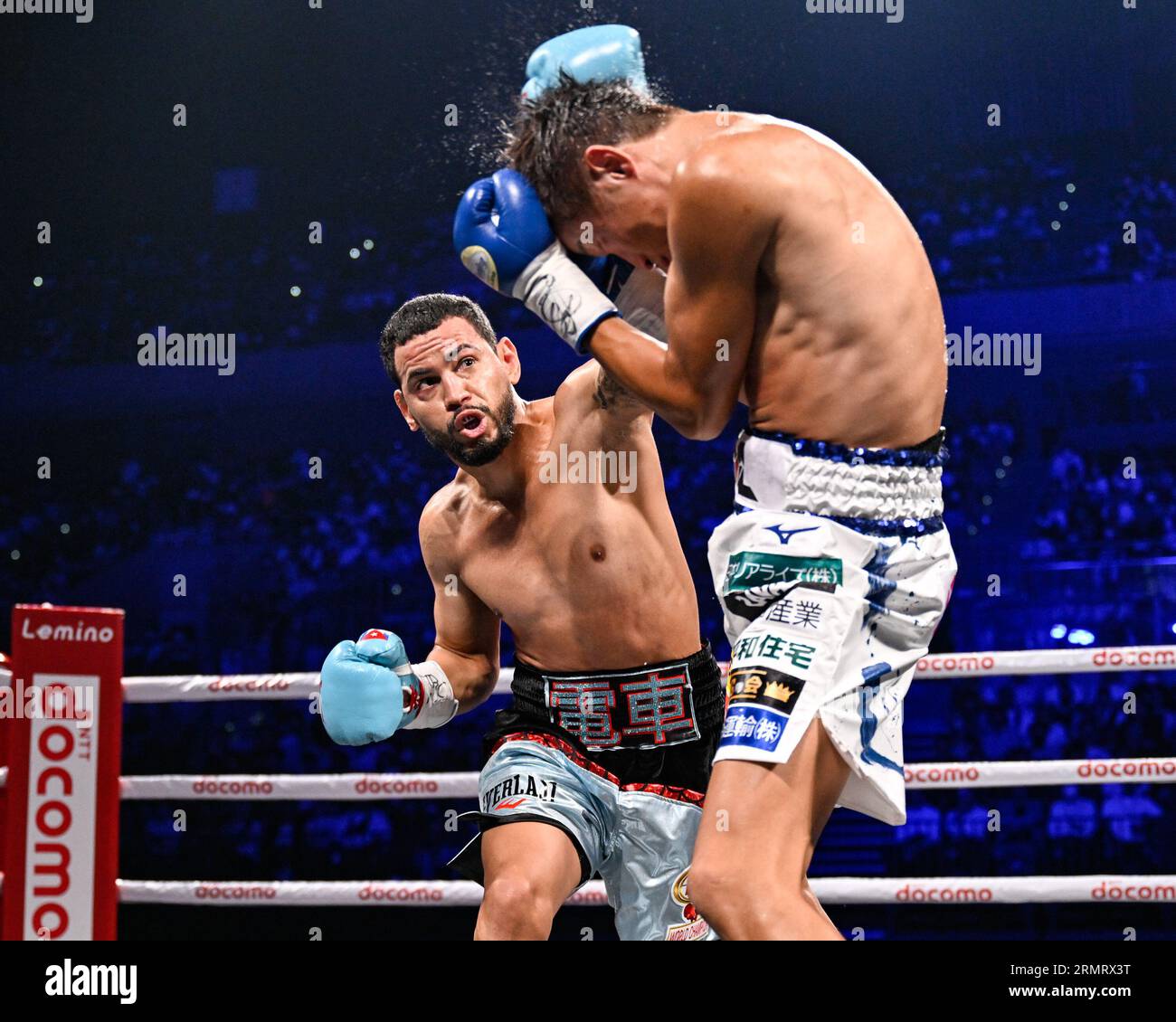 Tokyo, Japan. 25th July, 2023. Cuba's Robeisy Ramirez (light blue gloves) hits Japan's Satoshi Shimizu (blue gloves) in the second round during the WBO featherweight title bout at Ariake Arena in Tokyo, Japan, July 25, 2023. Credit: Hiroaki Finito Yamaguchi/AFLO/Alamy Live News Stock Photo