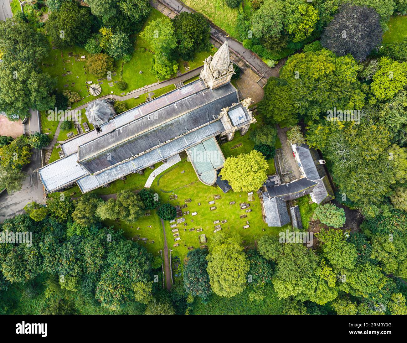 Top down over Llandaff Cathedral from a drone, Cardiff, Pembrokeshire, Wales, England, Europe Stock Photo