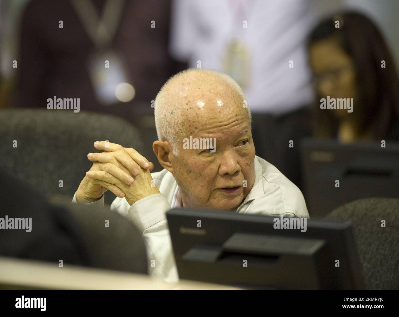 (140807) -- PHNOM PENH, Aug. 7, 2014 -- Khieu Samphan, 83, former head of state of the Democratic Kampuchea, known as Khmer Rouge regime, appears in the courtroom in Phnom Penh, Cambodia, Aug. 7, 2014. The United Nations war crimes tribunal convicted two aging former top leaders of the Democratic Kampuchea, also known as Khmer Rouge, of atrocity crimes against humanity and sentenced them to life in prison, according to a verdict pronounced by the tribunal s president Nil Nonn on Thursday. ) CAMBODIA-PHNOM PENH-VERDICT ECCC PUBLICATIONxNOTxINxCHN   Phnom Penh Aug 7 2014 Khieu Samphan 83 Former Stock Photo