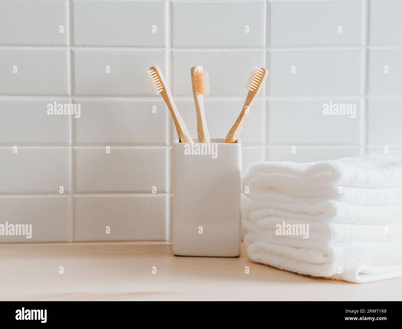 Copy space for bathing products in bathroom. Place, background for advertisements for skin care and hygiene products . Front view. Copy space on white Stock Photo