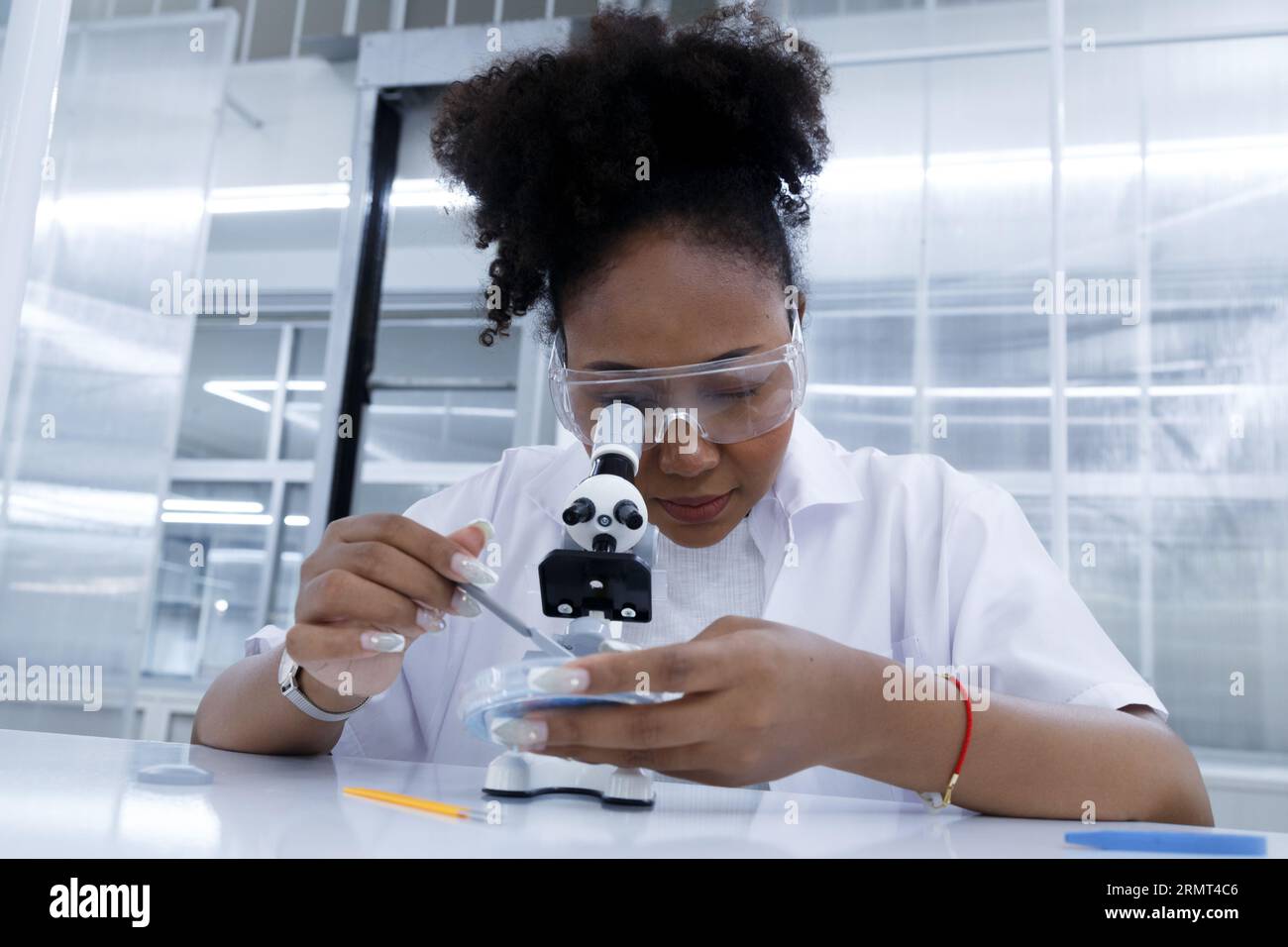African female doctor student scientist looking microscope does analysis virus test sample. young biotechnology specialist working in lab. medical sci Stock Photo