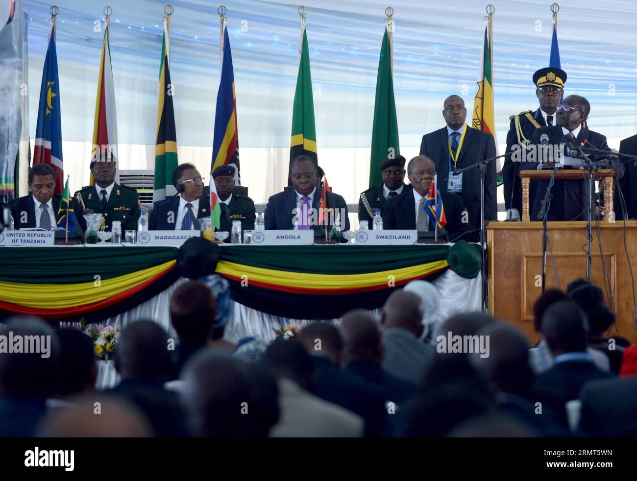 (140817) -- VICTORIA FALLS, Aug. 17, 2014 -- Zimbabwean President Robert Mugabe speaks during the 34th Summit of the Southern African Development Community (SADC) Heads of States and Government in Victoria Falls, north Zimbabwe, Aug. 17, 2014. The meeting opened here Sunday.) (dzl) ZIMBABWE-VICTORIA FALLS-SADC-SUMMIT WangxBo PUBLICATIONxNOTxINxCHN   Victoria Falls Aug 17 2014 Zimbabwean President Robert Mugabe Speaks during The 34th Summit of The Southern African Development Community SADC Heads of States and Government in Victoria Falls North Zimbabwe Aug 17 2014 The Meeting opened Here Sunda Stock Photo
