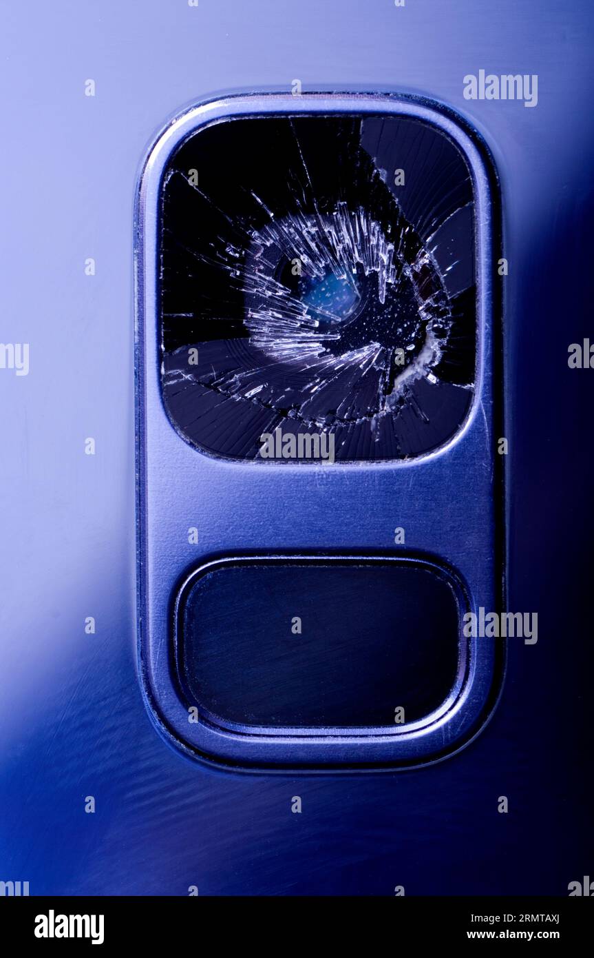 Smashed lens. Samsung Galaxy S9 Stock Photo