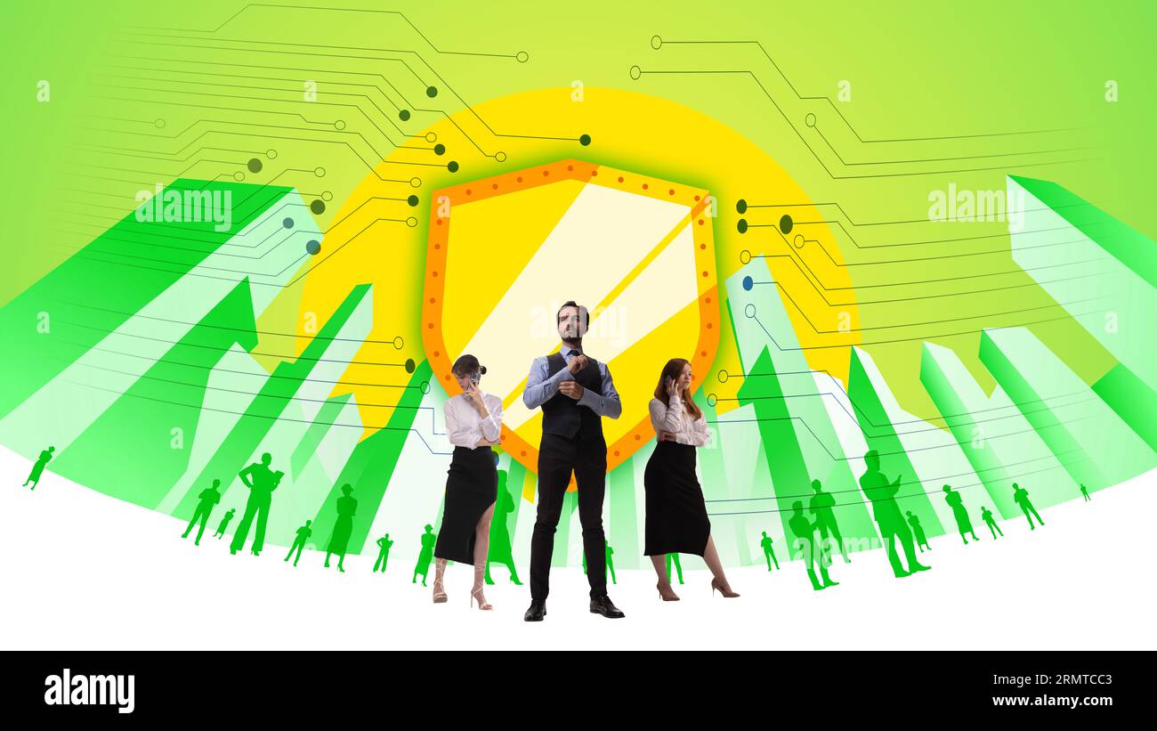 Business people standing under security symbol. Working on cyber data ...