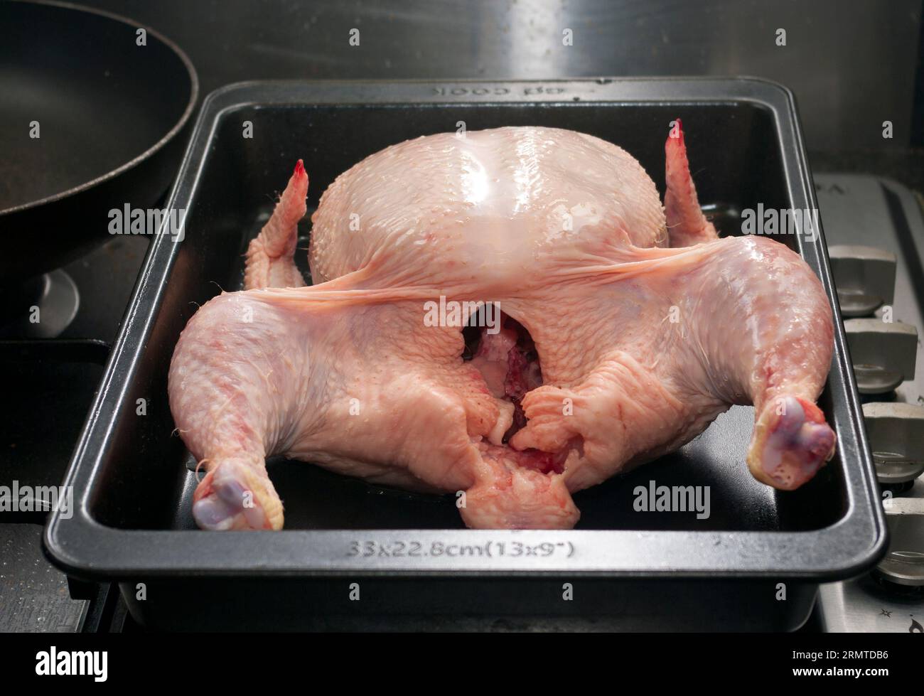 Uncooked Raw Whole Chicken in a Metal Baking Tray Stock Photo