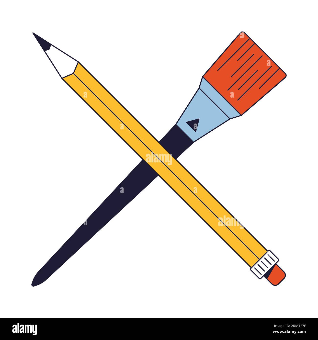 Crossed pencil and paintbrush flat line color isolated vector object