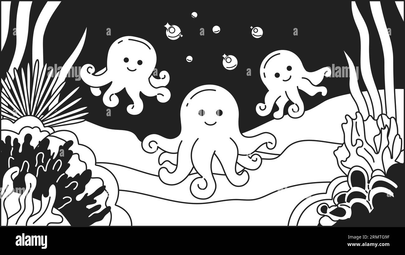 Octopuses underwater bubbles black and white cute chill lo fi wallpaper Stock Vector