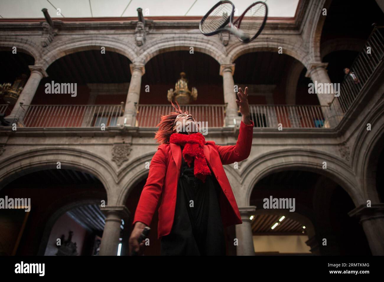 MEXICO CITY, Sept. 9, 2014 -- A clown performs a juggling act during a press conference held to announce the 5th Pantomime Circus and Clown Festival in Mexico City s Museum in Mexico City, capital of Mexico, on Sept. 9, 2014. Pedro Mera) MEXICO-MEXICO CITY-SOCIETY-FESTIVAL e PedroxMera PUBLICATIONxNOTxINxCHN   Mexico City Sept 9 2014 a Clown performs a Juggling ACT during a Press Conference Hero to Announce The 5th Pantomime Circus and Clown Festival in Mexico City S Museum in Mexico City Capital of Mexico ON Sept 9 2014 Pedro Mera Mexico Mexico City Society Festival e  PUBLICATIONxNOTxINxCHN Stock Photo